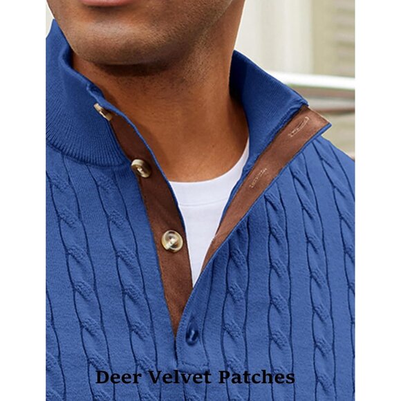 Men's Cable Knitted Pullover Sweaters Long Sleeve Stand Collar Button Up Blue - Picture 4 of 6